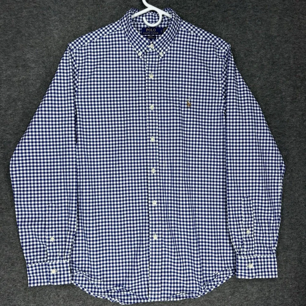 Polo Ralph Lauren Shirt Mens L Gingham Slim Fit Stretch Oxford OCBD Flesh Pony